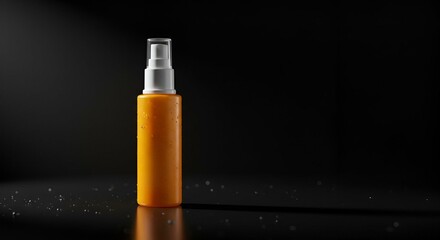 orange bottle of serum with SPF factor on a reflective black surface 