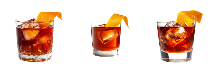 A classic Negroni cocktail served in a short glass with a deep red hue, garnished with a twisted orange peel, isolated on a transparent background