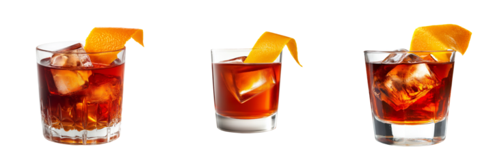 A classic Negroni cocktail served in a short glass with a deep red hue, garnished with a twisted orange peel, isolated on a transparent background