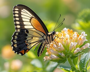 Butterfly feeding on flower, blurred garden background