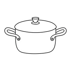 Cooking pot with lid vector illustration. Kitchen cookware saucepan drawing in doodle style. Black line art isolated on white background.