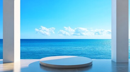 Fototapeta premium Ocean View Platform - Tranquil scene of a circular platform overlooking a serene ocean under a bright blue sky