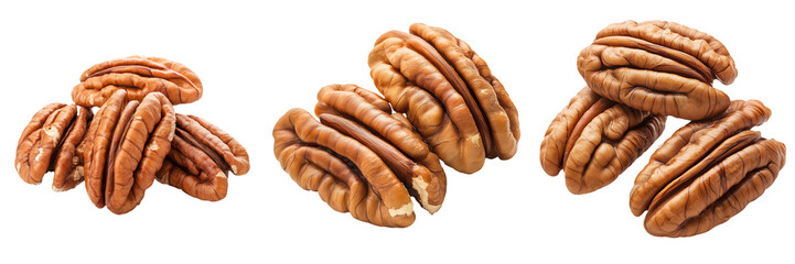 A group of pecan nuts, isolated on a transparent background