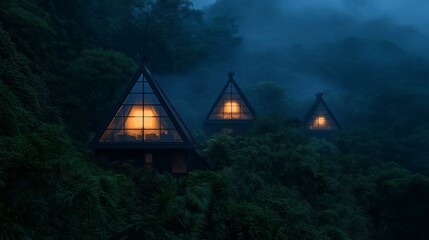 Nestled in lush greenery, three triangular cabins glow warmly against a misty backdrop. The soft light from their windows contrasts with the deep blues and greens of the forest, creating a serene atmo