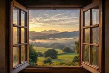 Sunrise valley view from open window (1)