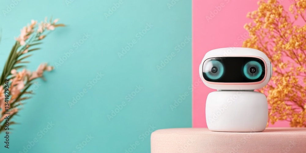 Poster next-gen ai companion minimalist smart home robot with soft ergonomic design - emotional connection 