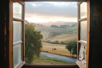 Sunrise view from open window, rolling hills, tranquil scene