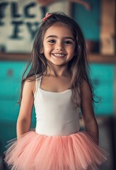 Fototapeta premium A young girl wearing a pink tutu and a white top stands in a ballet dance class, smiling.