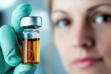 Fototapeta premium Stem cell blood research breakthrough. Lab technician holding a vial of liquid with a focused expression.
