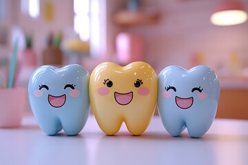 Obraz premium Adorable Cartoon Teeth Characters Happy Dental Health Illustration