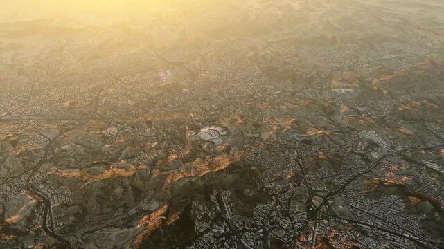 Aerial drone high altitude view of Mecca Saudi Arabia is considered the holiest city in Islam also showing Islams holiest site Kaaba in Al-Masjid Al-Haram the Sacred Mosque and the Kaaba 4k animation 