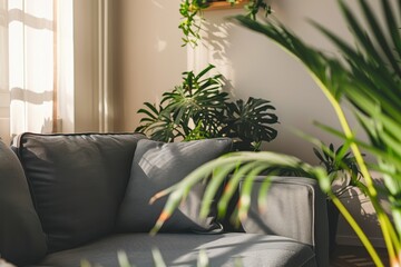Cozy living room with gray sofa, live plants, and natural light.