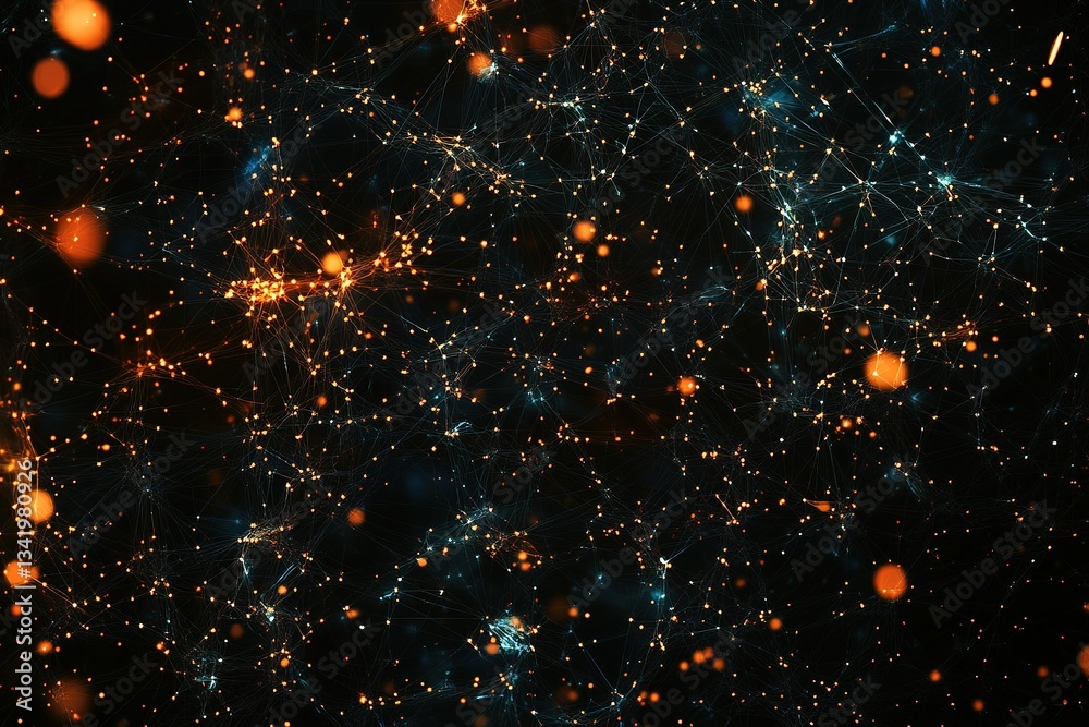 Poster abstract network of glowing nodes interconnected by fine lines on a dark background