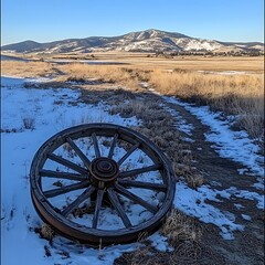 Fototapeta premium An old wagon wheel rests in a snowy winter landscape