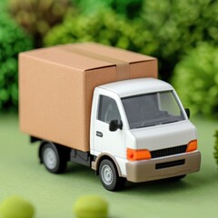 Small White Delivery Truck Carrying Cardboard Box in Green Park Setting
