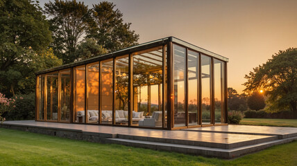 Fototapeta premium modern glass house at sunset surrounded by nature