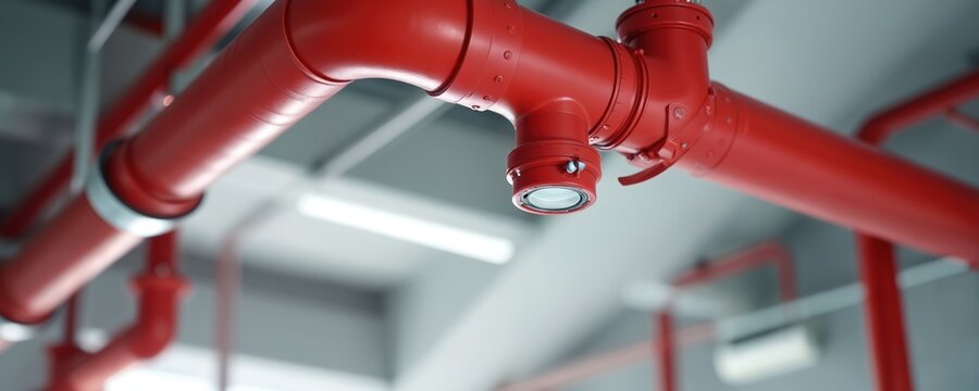 Close-up of red fire sprinkler system on ceiling. Firefighting safety equipment, water pipes network in industrial building, office. Fire prevention, extinguishing. Automated sprinkler system for