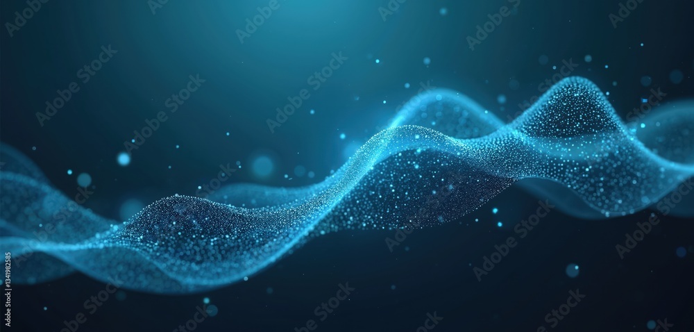 Poster Tech background with blue light digital effect. Abstract wave technology wallpaper. Cyberspace connection, curve fractal, future big wavy motion. Futuristic flow dynamic design dot science network