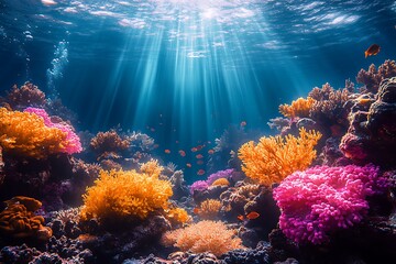 Obraz premium Vibrant Underwater Coral Reef Scene with Sunbeams, Fish, and Anemones