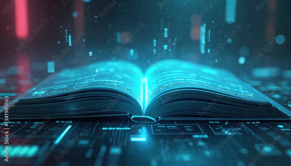 Aufkleber Futuristic digital book with glowing text. Open book emits blue neon light. Code and data concept. Science, tech background for innovation, knowledge, education, cognition topics. Hi-tech learning.
