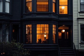 Cozy interior of a dark Victorian house illuminated by warm lights in the evening with a view into the living space showing furniture and decor