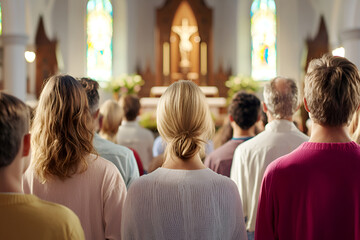 Congregation in church service with stained glass windows and altar focus