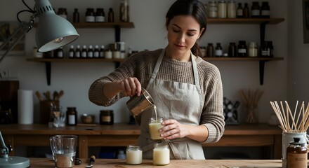 Candle Maker Pouring Wax for Handmade Candles in a Minimalist Home Studio (Hobbies)
