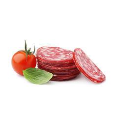 Slices of tasty salami on white background