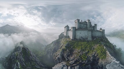 a beautifully detailed 360-degree panorama of a medieval European castle, perched on a hilltop, with mist rising from the valley below. 