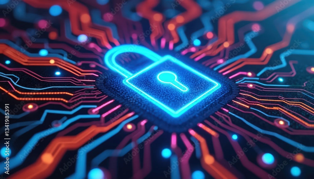 Poster Cybersecurity data protection shown as glowing padlock on circuit board. Internet network safety, online privacy, secure access. Digital data encryption abstract tech concept protects electronic