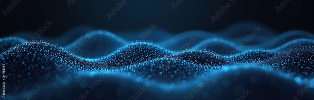 Poster Abstract tech background with blue light effect dots forming wave. Digital wave line illustration, corporate concept with motion, smooth shape on dark wallpaper, banner design.