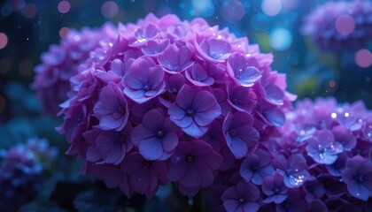Fototapeta premium Blooming Hydrangea Bush with Dreamy Light and Water Droplets Close Up