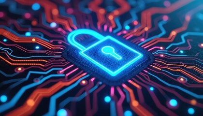 Cybersecurity data protection shown as glowing padlock on circuit board. Internet network safety, online privacy, secure access. Digital data encryption abstract tech concept protects electronic