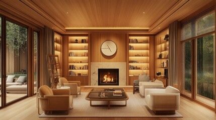 Fototapeta premium Luxurious modern wood-paneled living room with fireplace, patio view