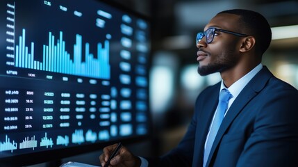 Business professional analyzing data trends on a screen during a work session in an office environment