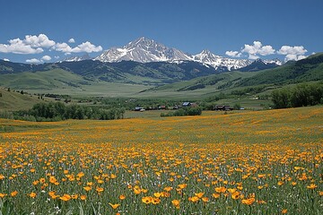 Vibrant Wildflower Meadow and Majestic Mountain Landscape