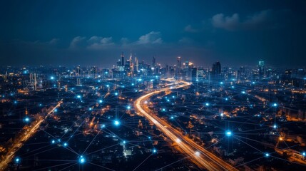 Fototapeta premium Night City Skyline Aerial View with Bright Lights