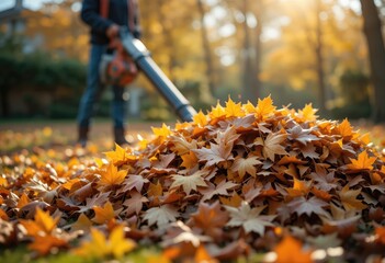Obraz premium Blowing Autumn Leaves with Leaf Blower in a Sunny Yard