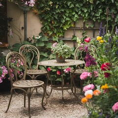 A charming garden scene features a small metal table and chairs surrounded by vibrant flowers and a lush ivycovered wall. Rustic and inviting.
