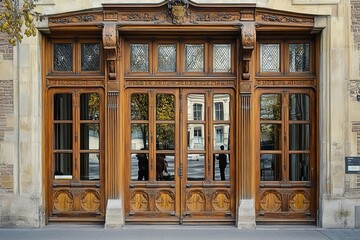 Fototapeta premium Ornate Wooden Doors with Glass Panels Reflecting a Building and People Outside
