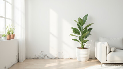 bright, minimalistic interior featuring large green plant in white pot, cozy sofa, and natural light streaming through windows
