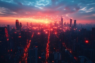 Fototapeta premium Futuristic Cityscape at Sunset Network Connections and Urban Skyline Illustration