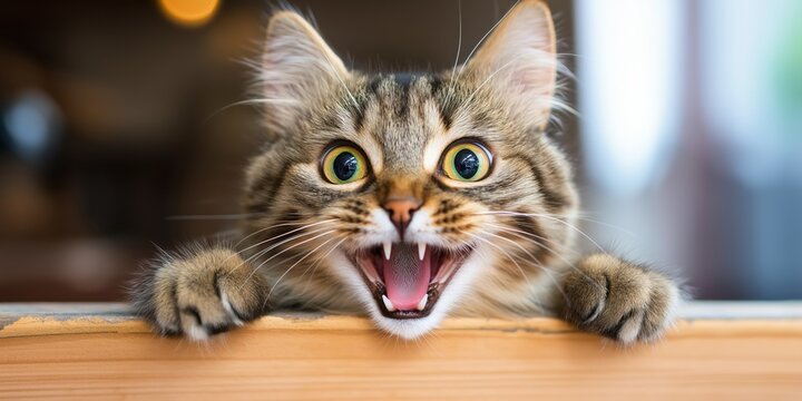 A playful cat with large expressive eyes is excited and ready to engage with the viewer in a lively manner.