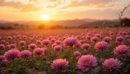 Obraz premium Pink Flower Field at Sunset with Warm Glowing Light and Mountain View