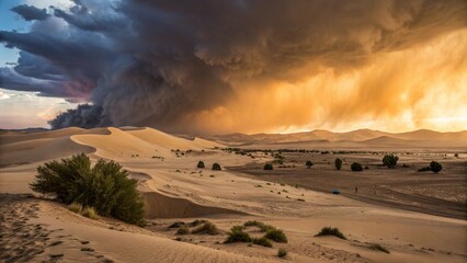 A vast desert landscape with rolling sand dunes, as a powerful sandstorm approaches with golden-orange hues blending into a darkening sky.