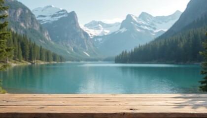 Wooden table overlooks serene lake, mountains background. Snowy peaks. Forest reflects in water. Calm nature scenery, travel destination. Wood foreground gives depth, invites product display.