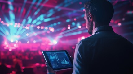 Modern concert production: technician operating digital console during a live event
