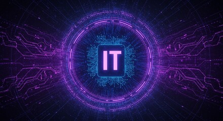 IT Technology and Digital: A visually stunning digital composition showcasing "IT" in a central glowing panel, surrounded by intricate circuits and a dynamic display.