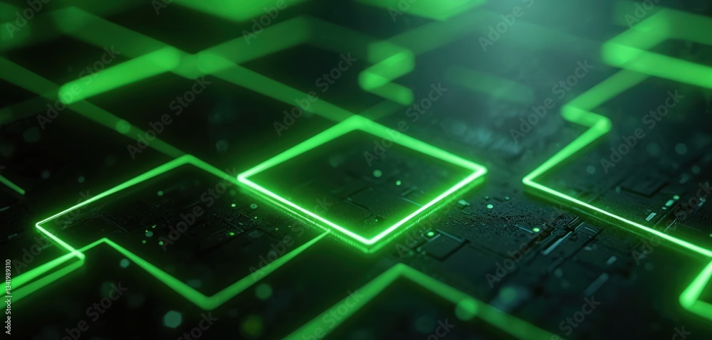Poster sleek tech design featuring abstract grid of neon green glowing squares on dark black background. di