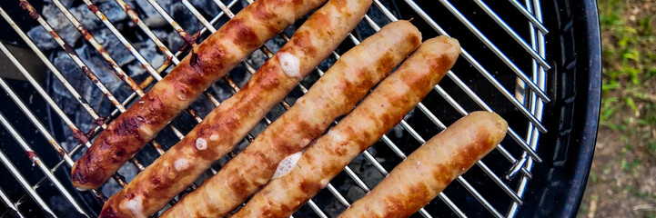 Grilled sausages on barbecue grill, outdoor cooking, summer picnic, traditional European food, grilling season